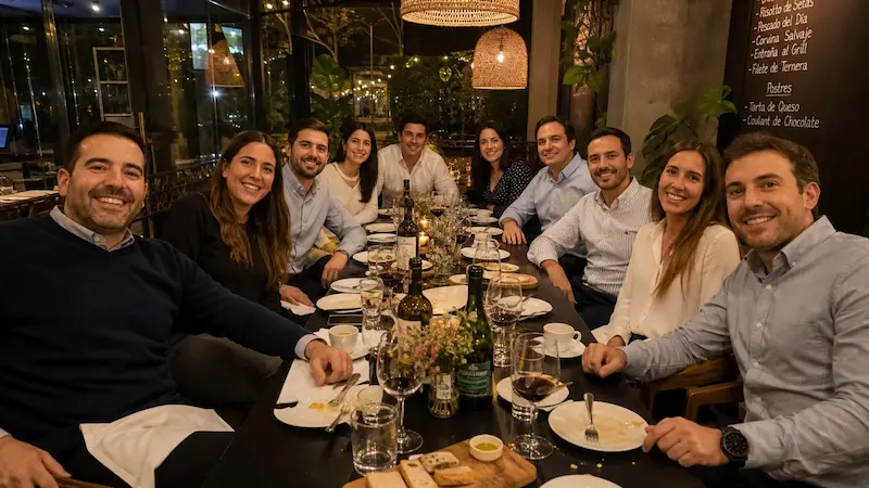 Grupo disfrutando de una cena de empresa en un restaurante de Barcelona